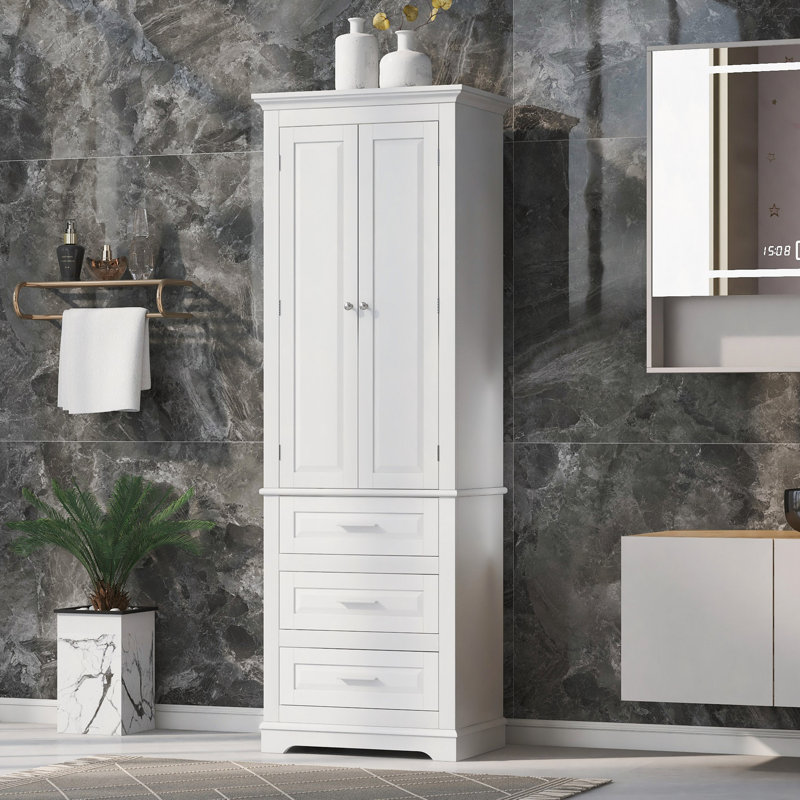 Tall Storage Cabinet With Three Drawers For Bathroom/Office, White