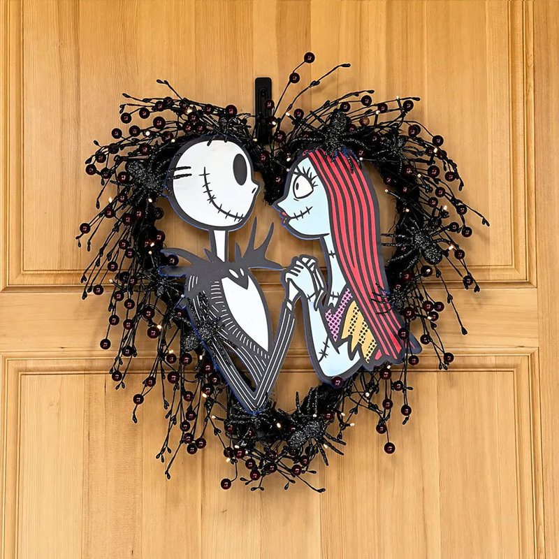 Disney Jack and Sally 26-Inch Pre-Lit Halloween Wreath with 45 LED Lights Black and White Foliage