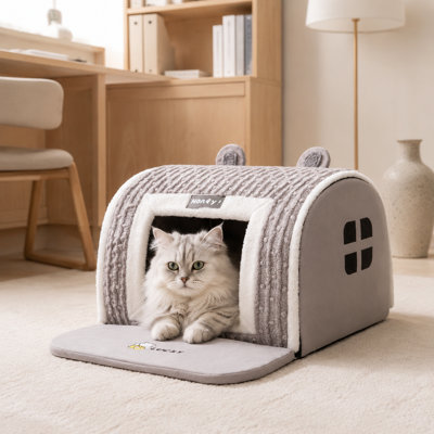 Nid douillet pour animaux de compagnie avec toit en forme d'oreilles d'ours – Maison pour animaux de compagnie recouverte de peluche douce avec support en mousse 3D, base antidérapante et housse lavable, pour chats et chiens de petite à moyenne taille (Gris, M-XXL)