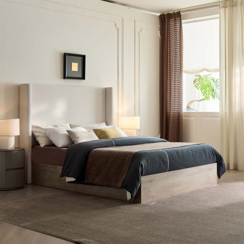 Lit à oreilles tapissier Shelton en toile texturée avec tête de lit de 54 po Shelton, style campagnard moderne rustique, base en bois, style neutre et scandinave