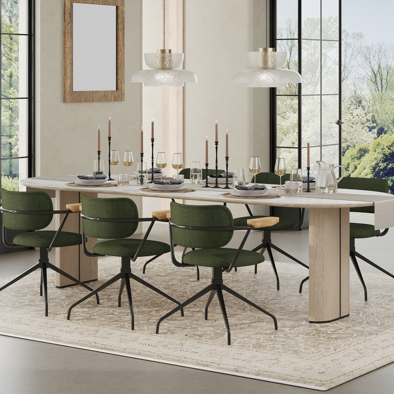 Modern Upholstered Swivel Chair With Solid Wood Arms And Metal Frame, Green