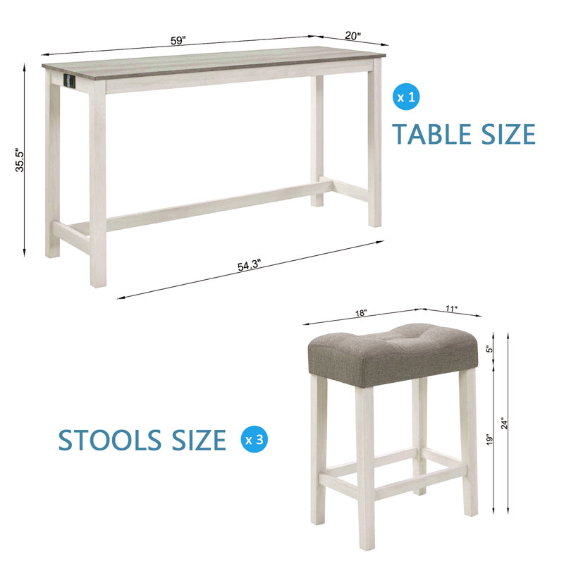 Ensemble de table de bar 4 pièces avec prise de courant, ensemble de table de bar avec chaises, table de bar avec tabourets, table de canapé avec 3 tabourets rembourrés