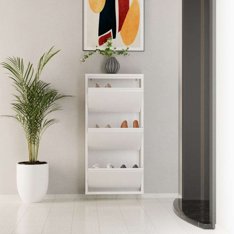 Élégant range-chaussures en métal, blanc, 19,7 x 40,6 x 5,9 pouces | Fabrication 100% métal durable, épaisseur: 0,03 pouce | Conception murale avec portes à ouverture centrale et supports magnétiques | Solution de rangement moderne et fonctionnelle