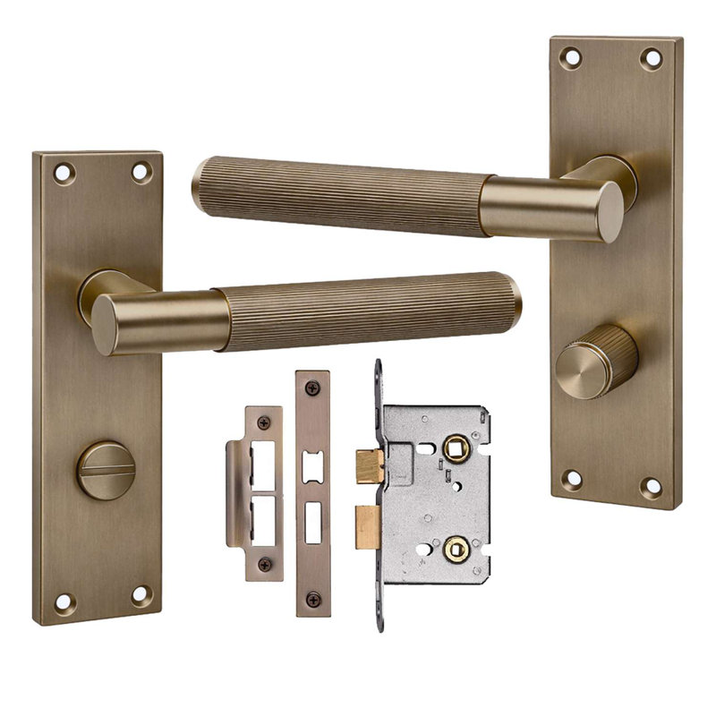 Golden Grace 1 Pair Victorian T-Bar Linear Design Bathroom Door Handle Satin Brass Metal Mortise Lock Set with Fixing Screws - 150mm x 40mm
