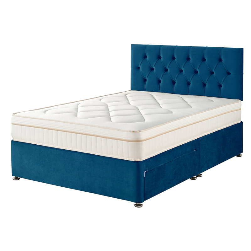 Amanjot Upholstered Divan Bed with Mattress, Small Single (2'6), Marine, 2 Drawers