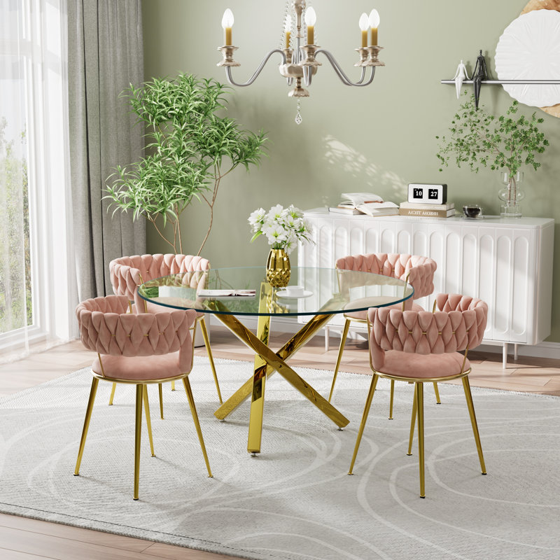 4 - Person Three Leg Dining Set, Gold, 29.5"H x 47.24"L x 47.24"W, Pink/Gold