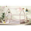 Lit double en bois pleine grandeur avec structure de toit, garde-corps de sécurité, rose-1806500868-1806500869