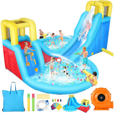 Parc aquatique gonflable avec soufflerie pour enfants 15,41 x 14,58 pi avec soufflerie, jeu gonflable géant avec double glissade, double escalade, double piscine, double jet d'eau pour les enfants de 3 à 10 ans, château d'été en plein air
