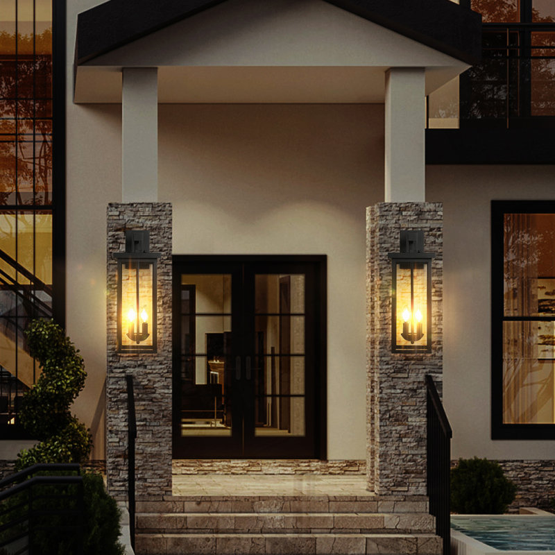 2-Pack 22.0" Outdoor Wall Lantern With Dusk To Dawn Sensor, Matte Black Finish, Clear Glass Panels, Weatherproof Exterior Light For Porch, Patio, Garage, 2-Light Design (Bulb Not Included)