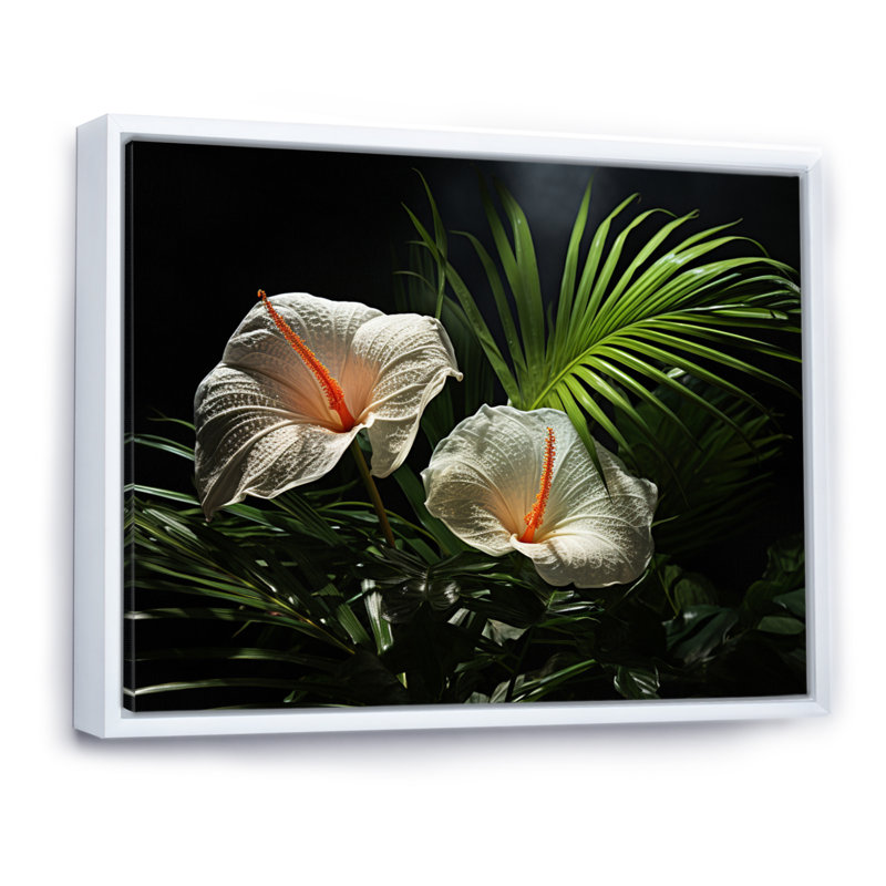 Anthurium blanc dans un salon tropical - art mural floral, Cadre flottant blanc, H 30 po x l 40 po x P 1,5 po