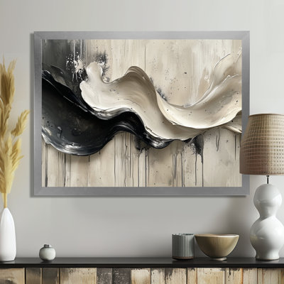 Grey On White Rhythmic Drizzle Ink River III - Abstract Modern Waves Large Wall Art