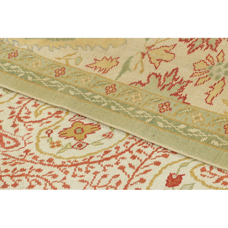 Vintage Oushak Rug In Bright Cream Field And Pink Paisley Florals