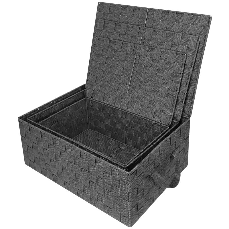 Sorbus Stackable Woven Basket with Lid and Carry Handles 3 Pack, Gray
