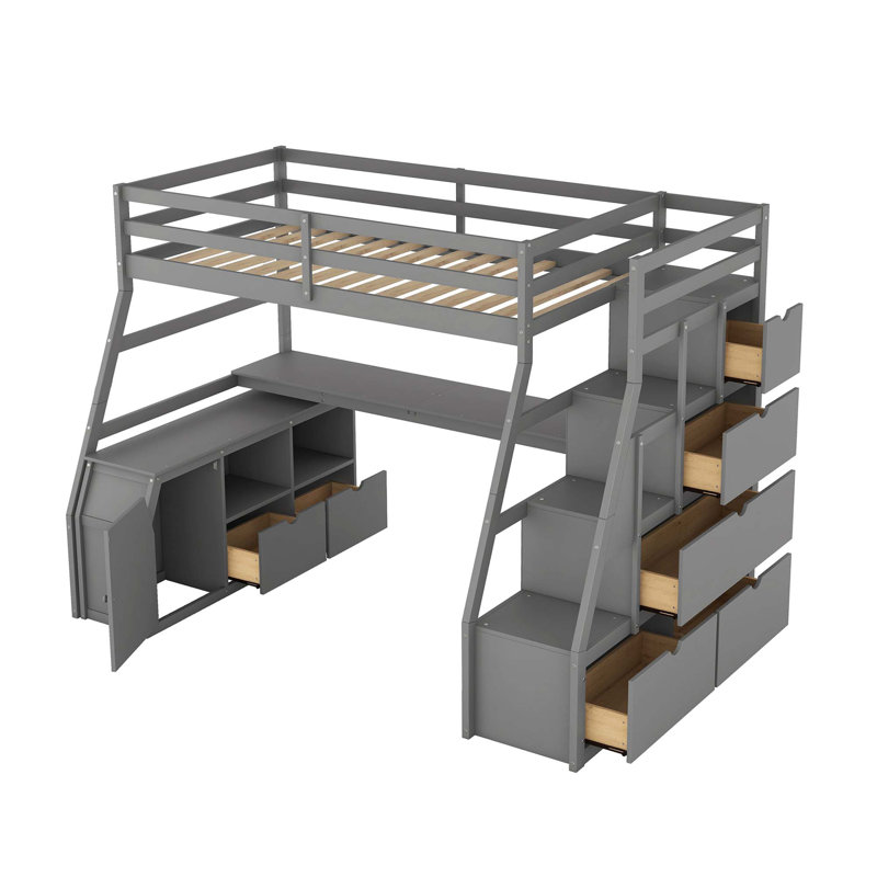 Lit mezzanine avec 7 tiroirs, 2 tablettes et un bureau, Gris, Simple