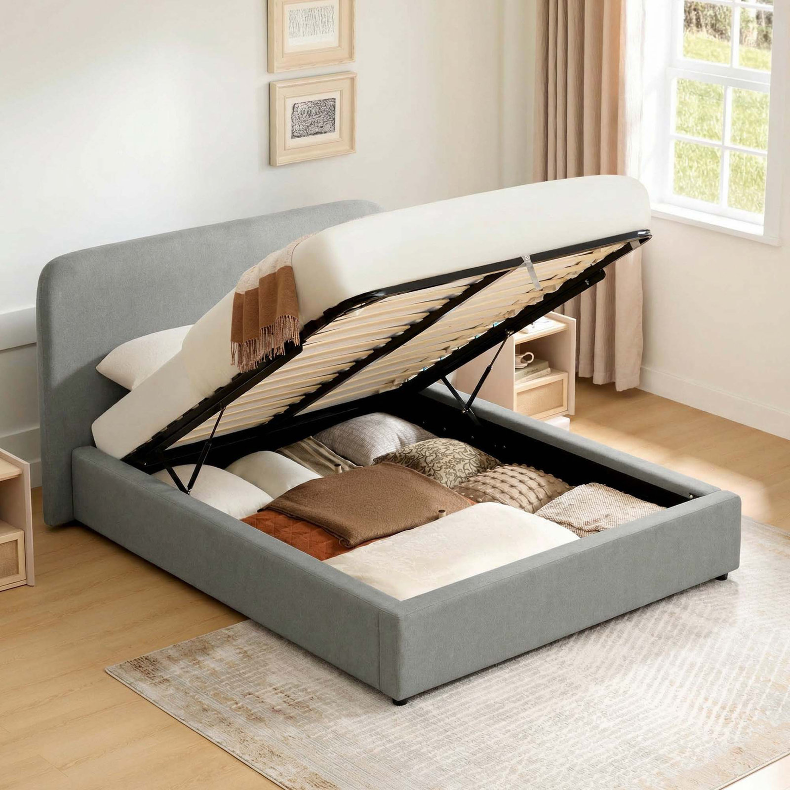 Bella Upholstered Platform Lift Storage Bed, Gray