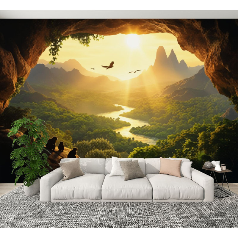 Papier peint auto-adhésif Sunlit Jungle Valley River Monkeys Cave, L 144 po x l 100 po