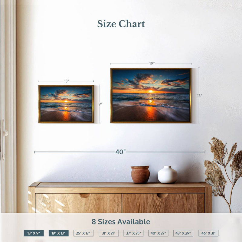 Été, océan, lever de soleil, 19 po x 13 po, Cadre flottant doré