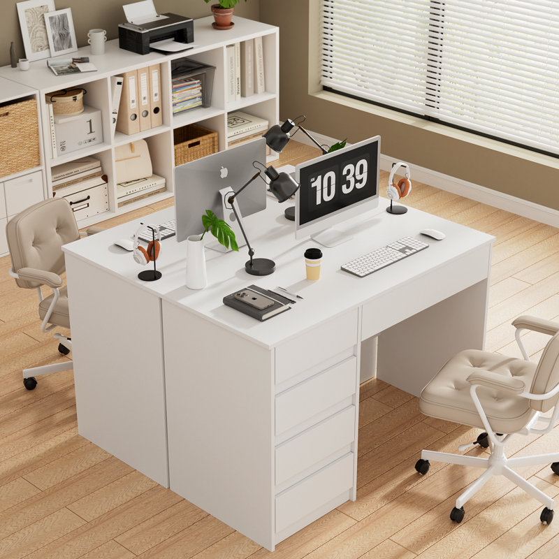 Bureau d'ordinateur à 5 tiroirs, bureau rectangulaire avec rangement pour la maison et le bureau (blanc), Blanc