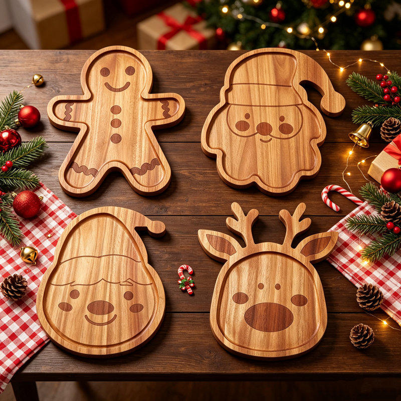 Lot de 4 plateaux à fromage de Noël, en forme de bonhomme en pain d'épices, Père Noël, renne et lutin, parfaits pour les fêtes et les cadeaux.