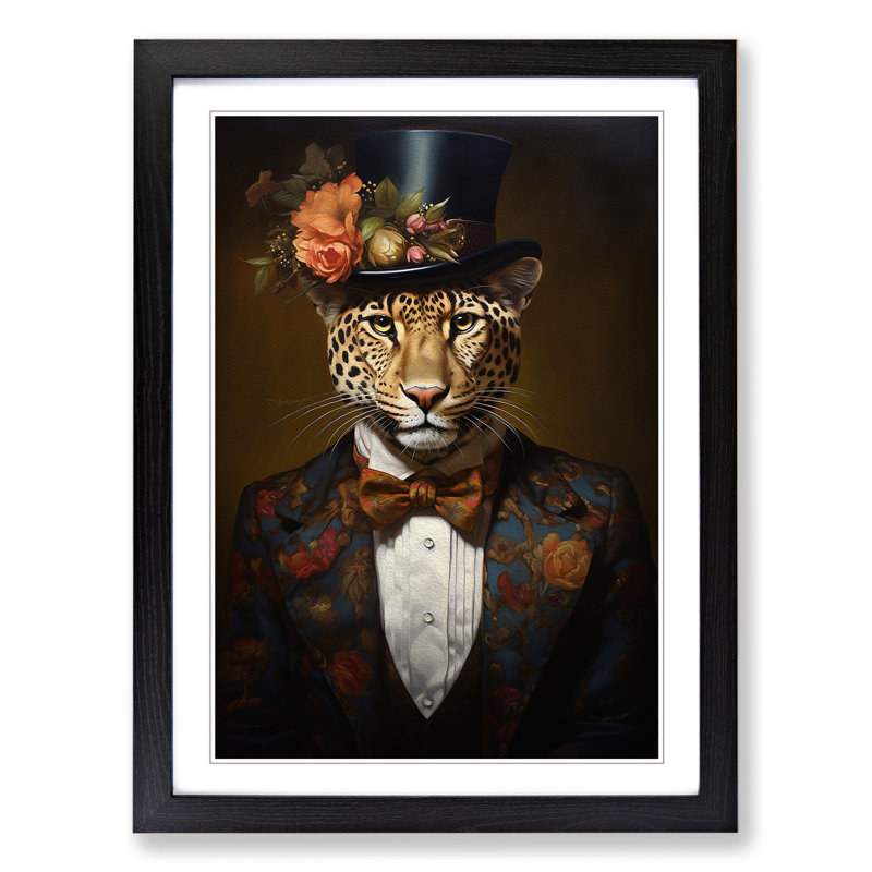 Leopard Victorian - Single Picture Frame Print on Wood, 64cm H x 46cm W x 2cm D, Black