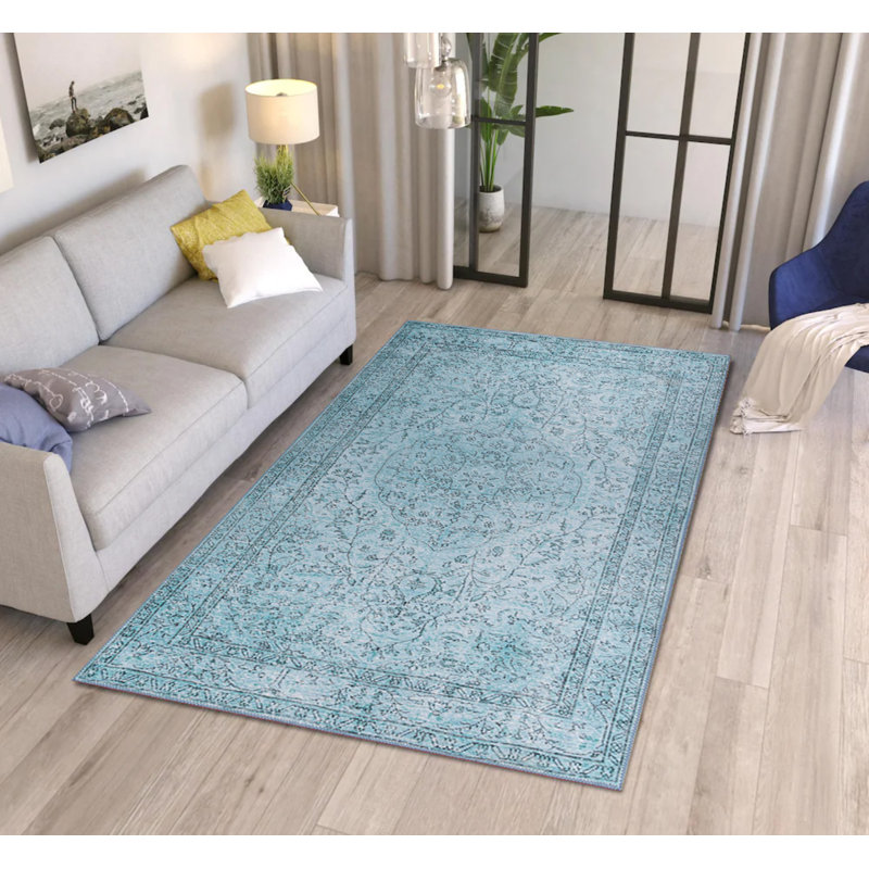 Tapis décoratif bleu à motif oriental rétro, Rectangle 3 pi 10 po x 5 pi 3 po