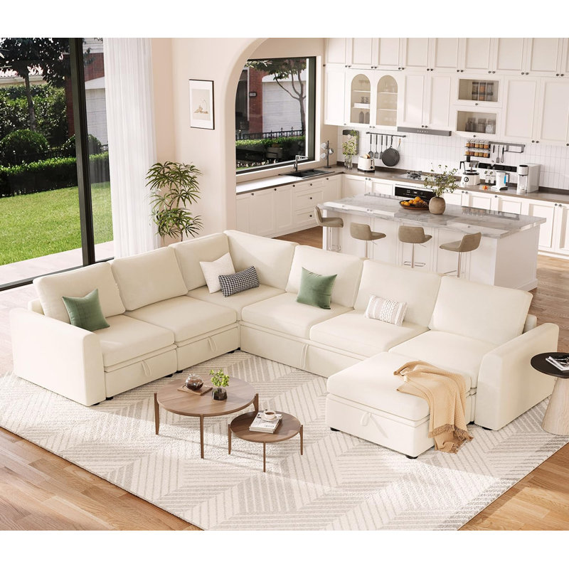 Chenille L-Shaped Sectional Sleeper Sofa with Pull Out Bed and Storage Seat