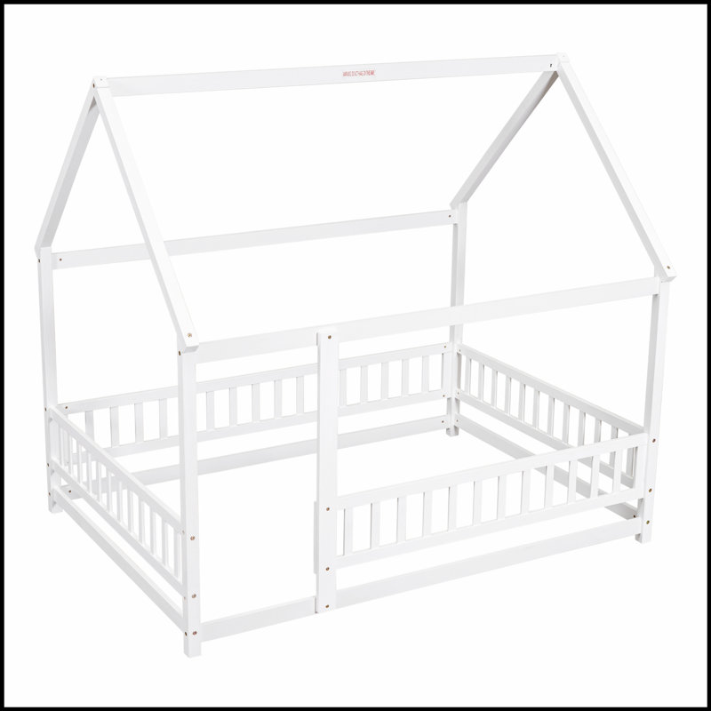Lit au sol en bois avec structure de toit de maison, garde-corps de clôture pour un sommeil confortable et sécuritaire, Blanc