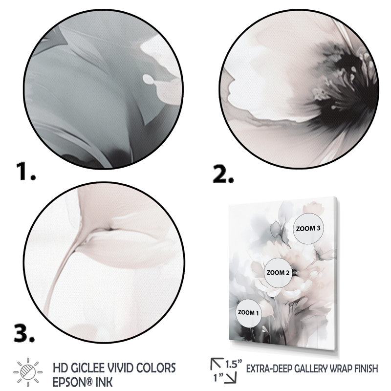 Douces fleurs gris clair I - art mural floral, Cadre doré, H 32 po x l 24 po