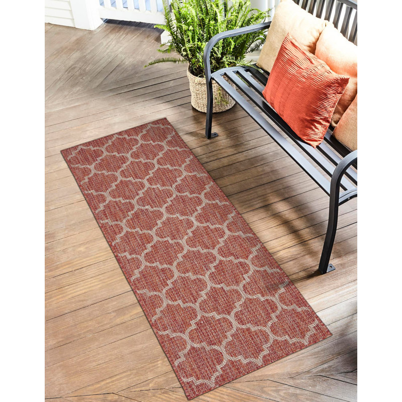 Tapis intérieur / extérieur à motif géométrique Hampstead , Rouge, Tapis de couloir 2 pi x 6 pi 1 po