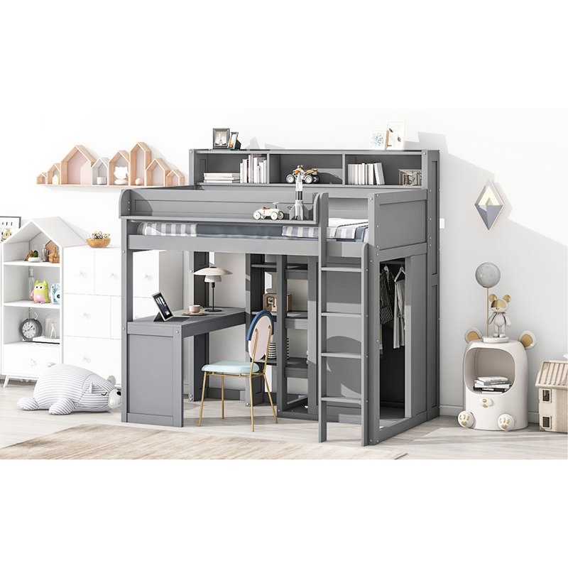 Lit mezzanine simple en bois gris avec beaucoup d'options de rangement, Gris