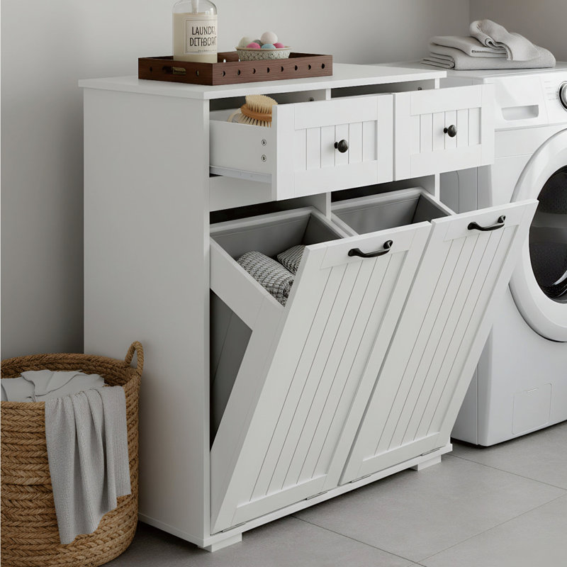 Armoire à linge double, panier à linge en bois pour salle de bain inclinable
