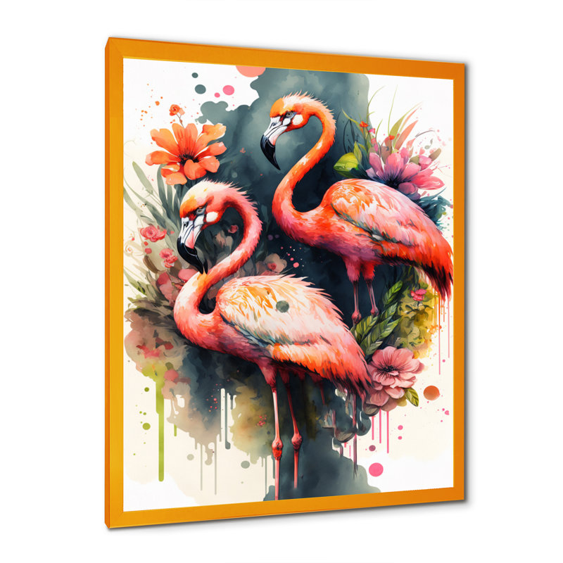 Mignon flamants roses - Peinture sur toile, Encadrement doré, H 40 po x l 30 po x P 1,5 po