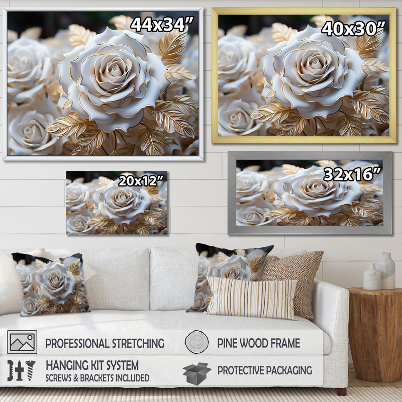 «White and Gold Rose Passion - Roses», reproduction sur toile encadrée, H 12 po x l 20 po x P 1 po, Silver Floater Framed