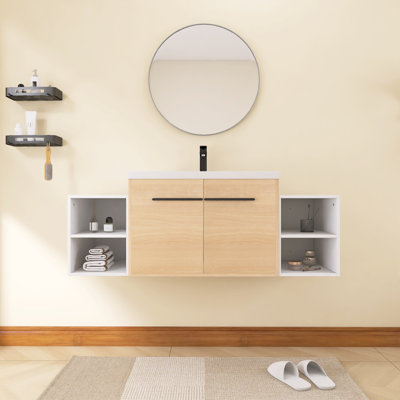 Meuble-lavabo mural Yexby 54 po avec lavabo en résine, deux étagères de rangement ouvertes, hauteur réglable, poignées en métal noir, portes à fermeture amortie, fini chêne naturel