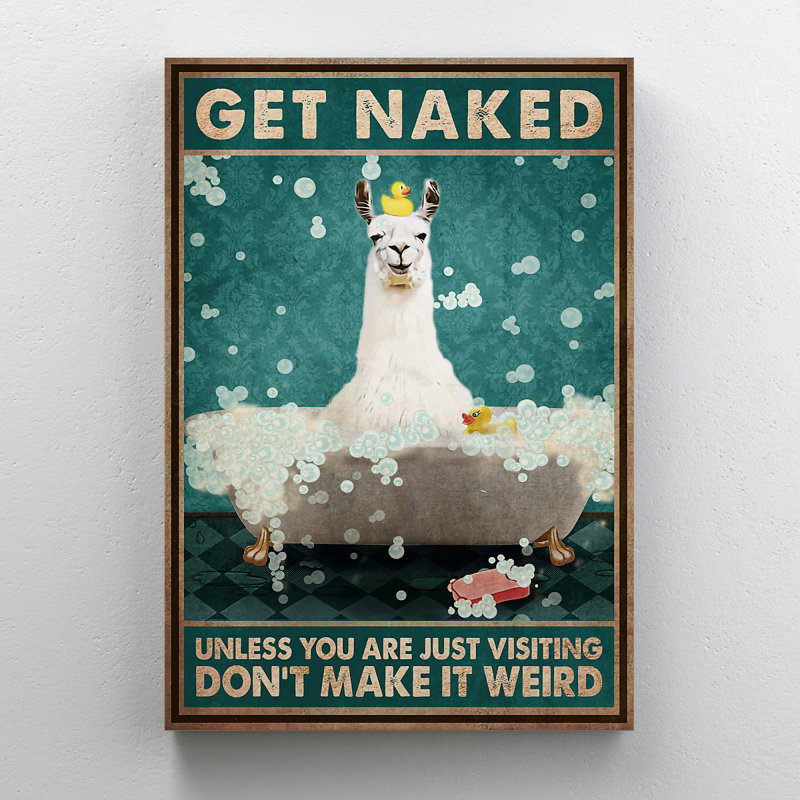 Lama avec canard en caoutchouc et bulles - Toile tendue avec galerie «Get N nu», décor d'illustration pour salle de bain et de lessive, blanc et bleu-vert