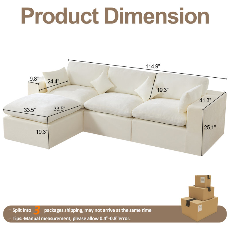 Canapé modulaire à compression avec repose-pieds, Chenille beige, H 38,6 po x l 155,1 po x P 74,8 po