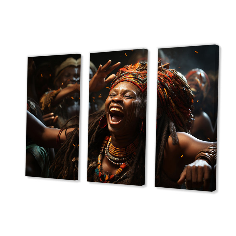 Reproduction d'art africain sur toile 3 pièces, H 40 po x l 60 po x P 1 po