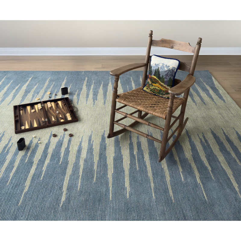 Abrash Ikat Hand-Tufted Wool Area Rug Cut/Loop Pile, Indigo, 7'6" x 9'6"