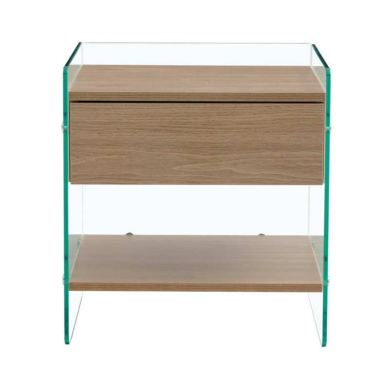 Table de chevet avec tiroirs. La surface du panneau est un autocollant en panneau de fibres à densité moyenne et les deux côtés sont en verre trempé transparent. La conception est simple et élégante, avec d'excellentes fonctions de rangement.