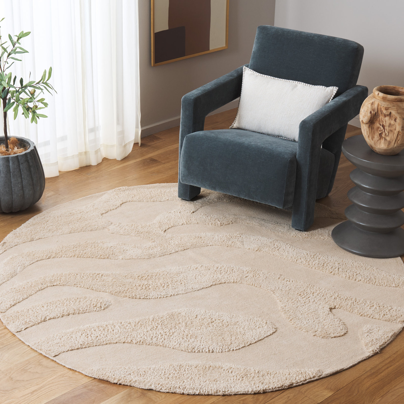 Moura Ivory Washable Hand-Woven Cotton Rug, Round 6'
