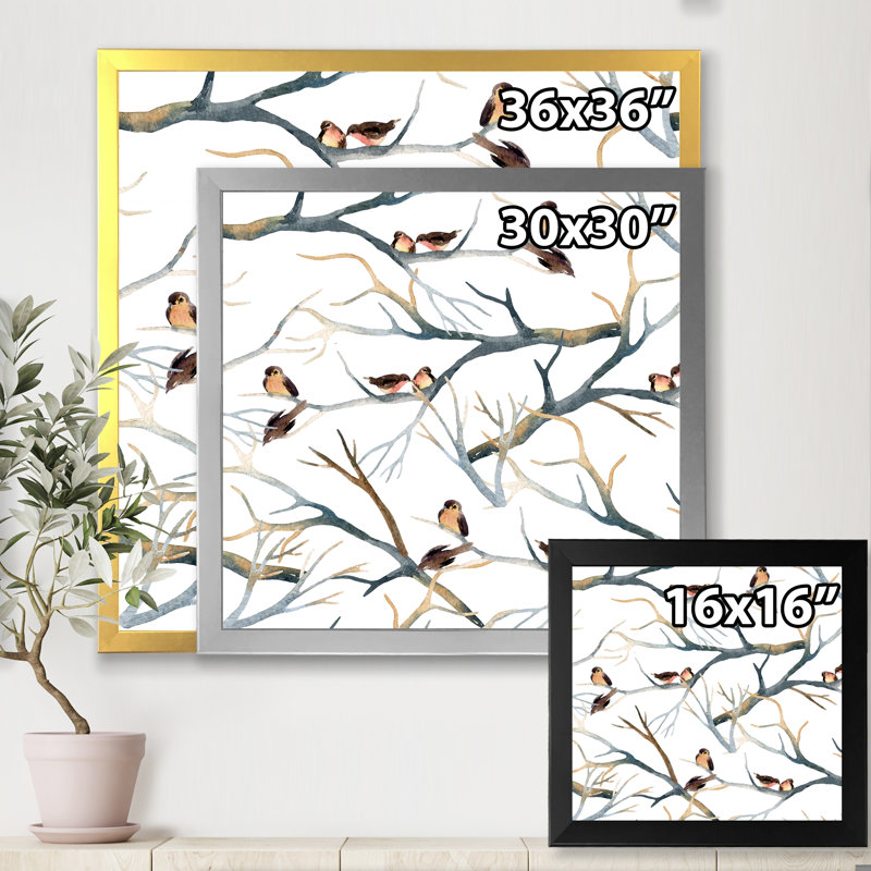 «Little Birds on the Tree Branches I», peinture sur toile, Cadre argenté, H 30 po x l 30 po x P 1 po