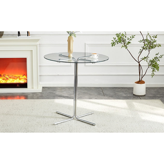 Table de bar ronde en verre trempé 36 po avec base à quatre griffes en chrome argenté, Argent