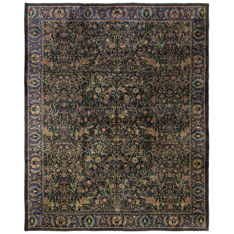 Tapis rectangulaire unique de 11 pi 9 po x 14 pi 5 po bleu années 1910