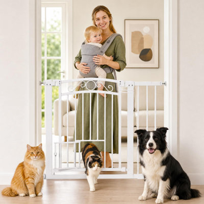 Barrière de sécurité pour animaux de compagnie à fixation par pression, à motifs, largeur réglable de 76 à 99 cm, barrière extensible pour chiens à double verrouillage et fermeture automatique, pour portes, couloirs et escaliers