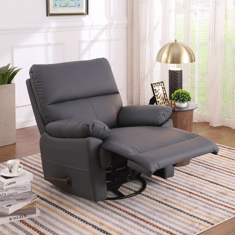 Faux Leather Manual Rocker Recliner Chair With Pop-up Footrest & 360 Swivel Rotation Base, Dark Gray