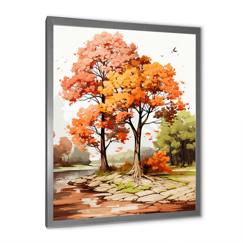 " Two Orange Trees In Autum Watervolor ", 44" H x 34" W x 1.5" D, Silver Single Picture Framed