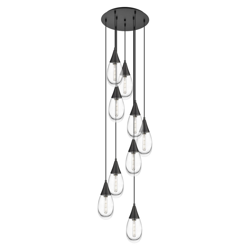 Luminaire suspendu à 9 lumières en grappe, Transparent, Noir mat