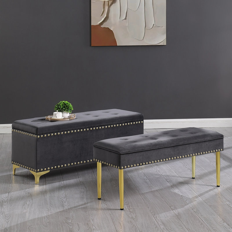 Banc de rangement rembourré Kassa, Velours gris foncé