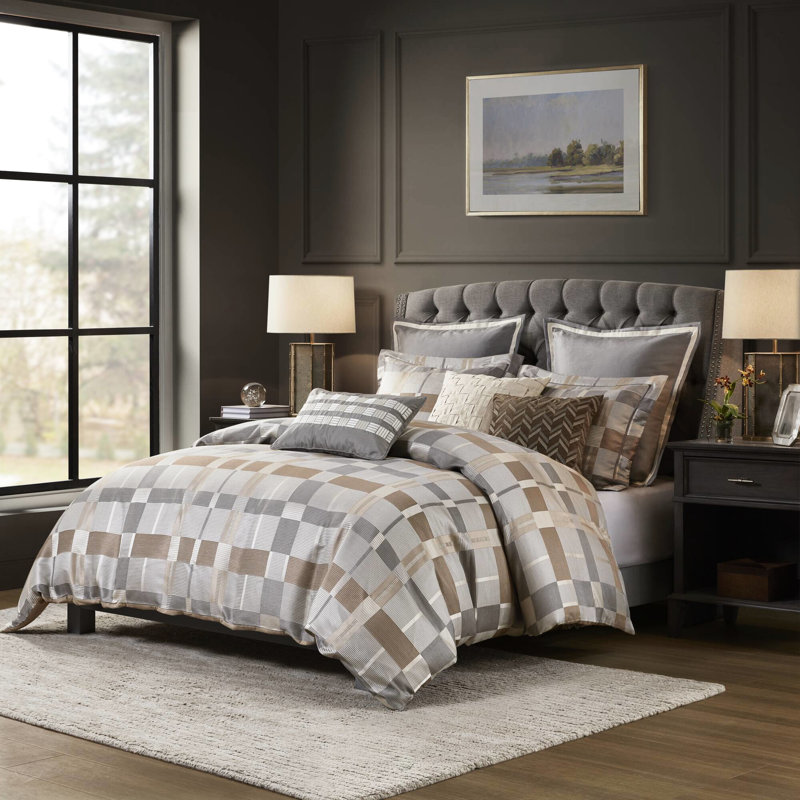 Édredon pour grand lit de 8 pièces en taupe, géométrique multicolore, damier classique, ensemble de literie de luxe, trop rembourré pour un confort maximal et une chaleur accrue