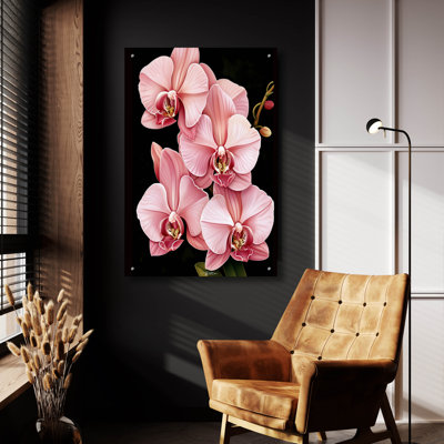 Orchidées roses sur fond noir »par Momart, verre acrylique, art mural